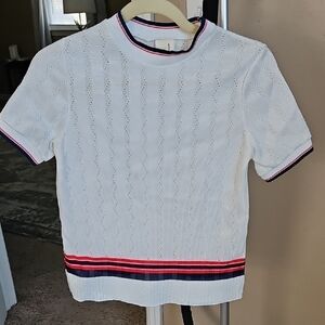 Vintage 1970s Knit Short-Sleeve Top with Red and Blue Accents